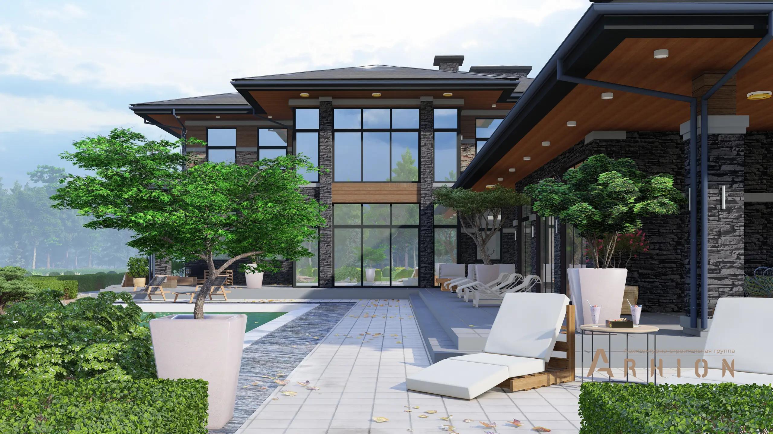 5. Проект двухэтажного дома в стиле Ллойда Райта (прерий) с четырехскатной, h-1604, площадью - 433 кв c сауной, терассой, гаражом, бассейном